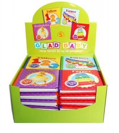 Glad baby. Eske med ta og føl-på bøker. 6x4 titler á 49.-