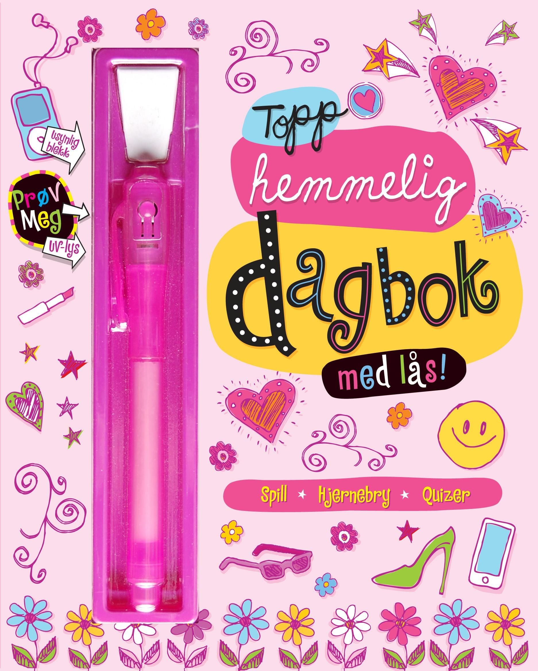 Topphemmelig dagbok med lås. Penn med usynlig blekk og UV-lykt