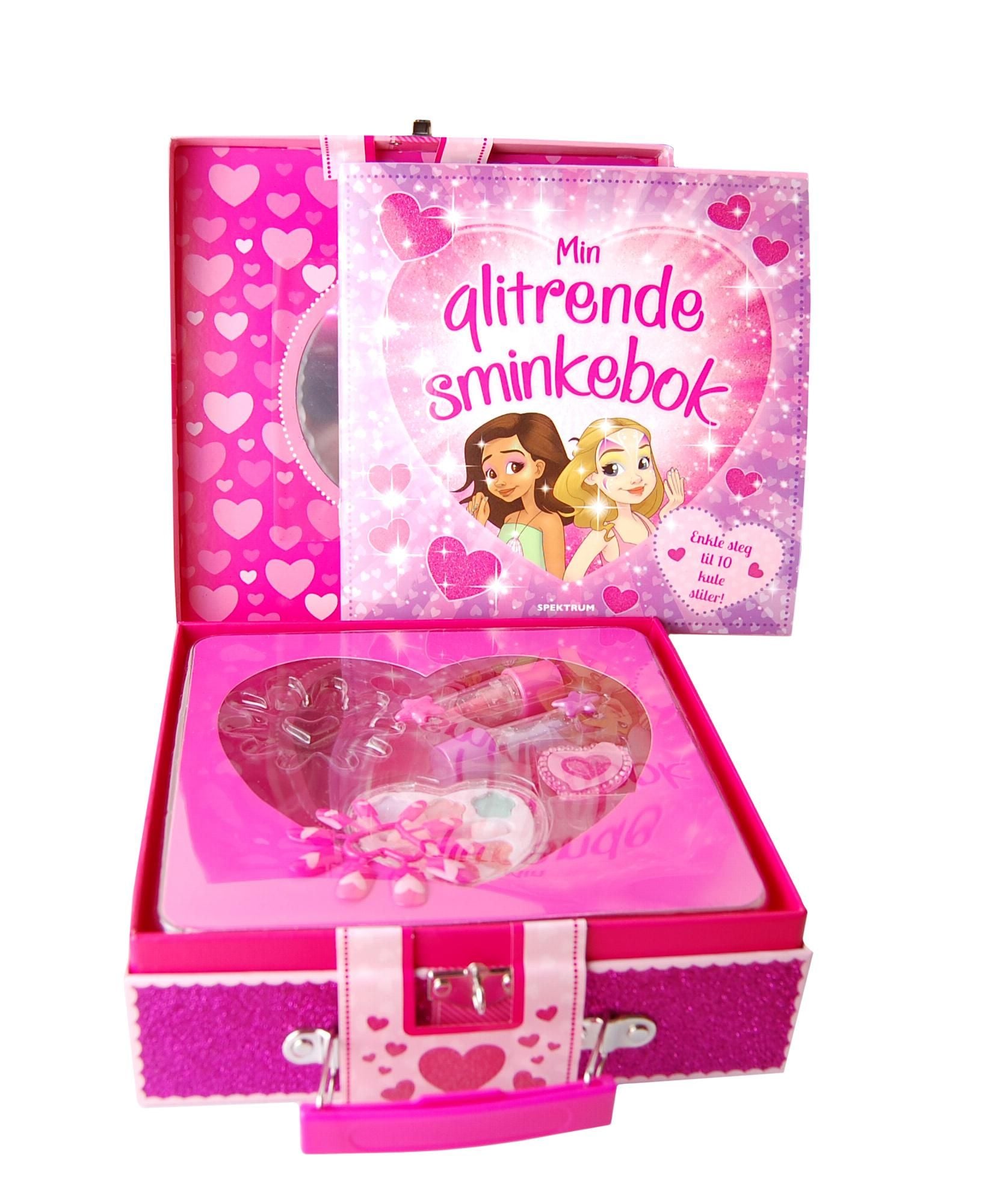 Mitt glitrende sminkeskrin. 1 sminkeskrin. 1 stilguide. 1 øyeskyggepalett. 1 sett falske negler. 2 leppestifter. 1 lipgloss-ring