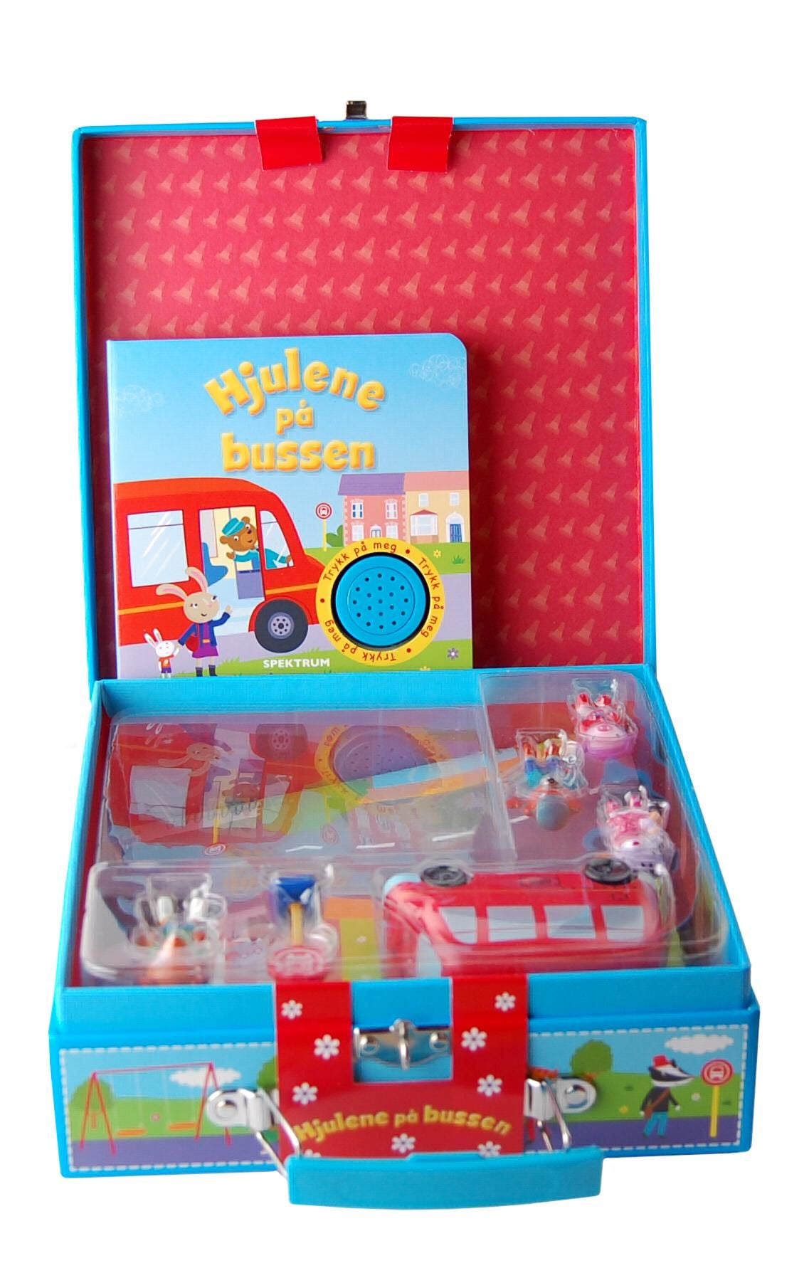 Hjulene på bussen. 1 bok med lydeffekter. 1 to-sidig lekematte. 6 leker