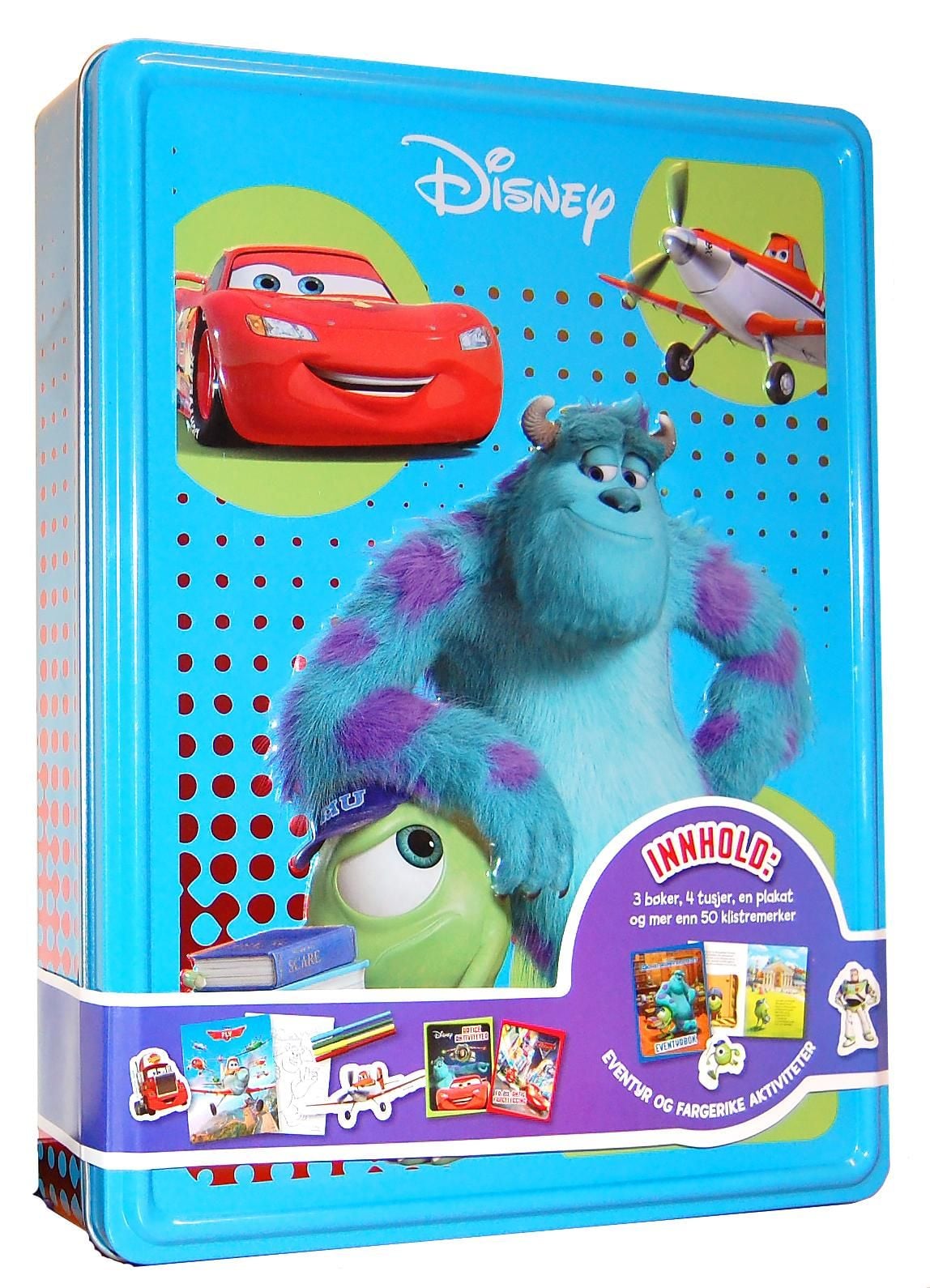 Monsteruniversitetet. Disney tinnboks. 3 bøker, 4 tusjer, 1 plakat og 50 klistremerker
