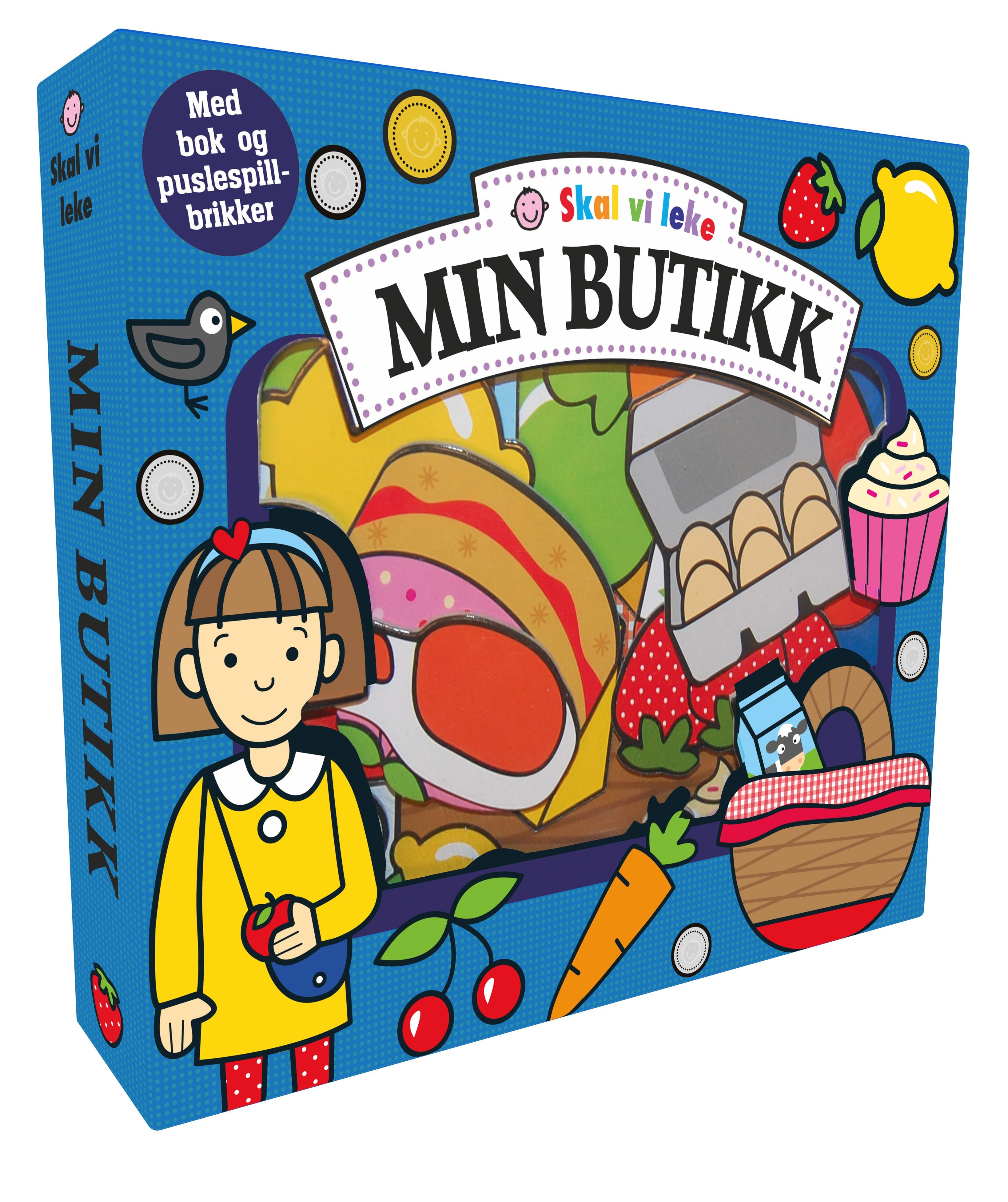 Min butikk. Skal vi leke. Med bok og puslespillbrikker