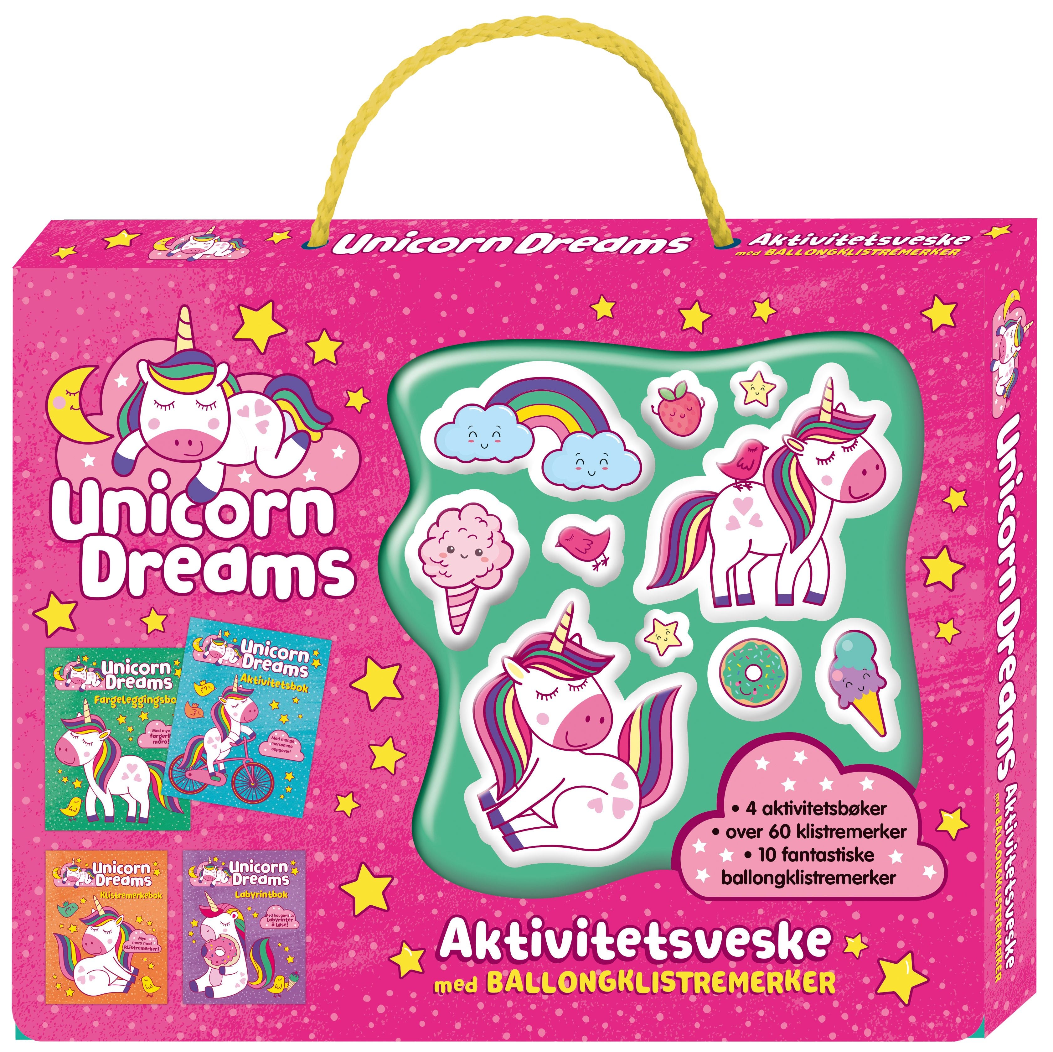 Unicorn Dreams. Aktivitetsveske med ballongklistremerker og 3 aktivitetsbøker