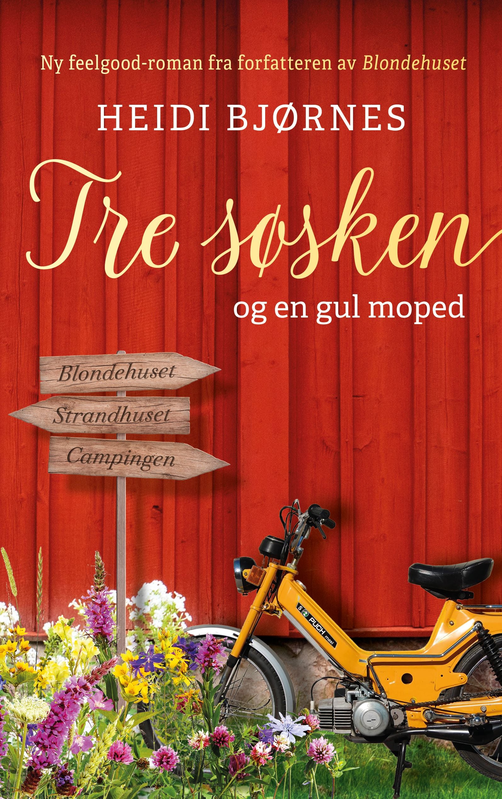 Tre søsken og en gul moped