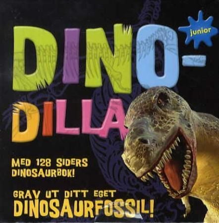 Dino-dilla. 1 stein med skjult fossil. Utgravingsredskaper. Tegn og gjett-ark. 1 bok